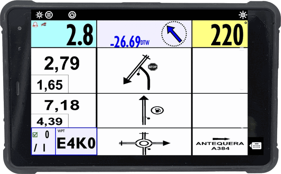 ERTF UNIK 4 electronic roadbook, showing speed, distance to waypoint, heading and tulip diagrams